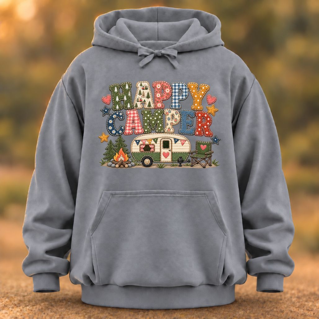 Happy Camper Faux Patchwork Hoodie