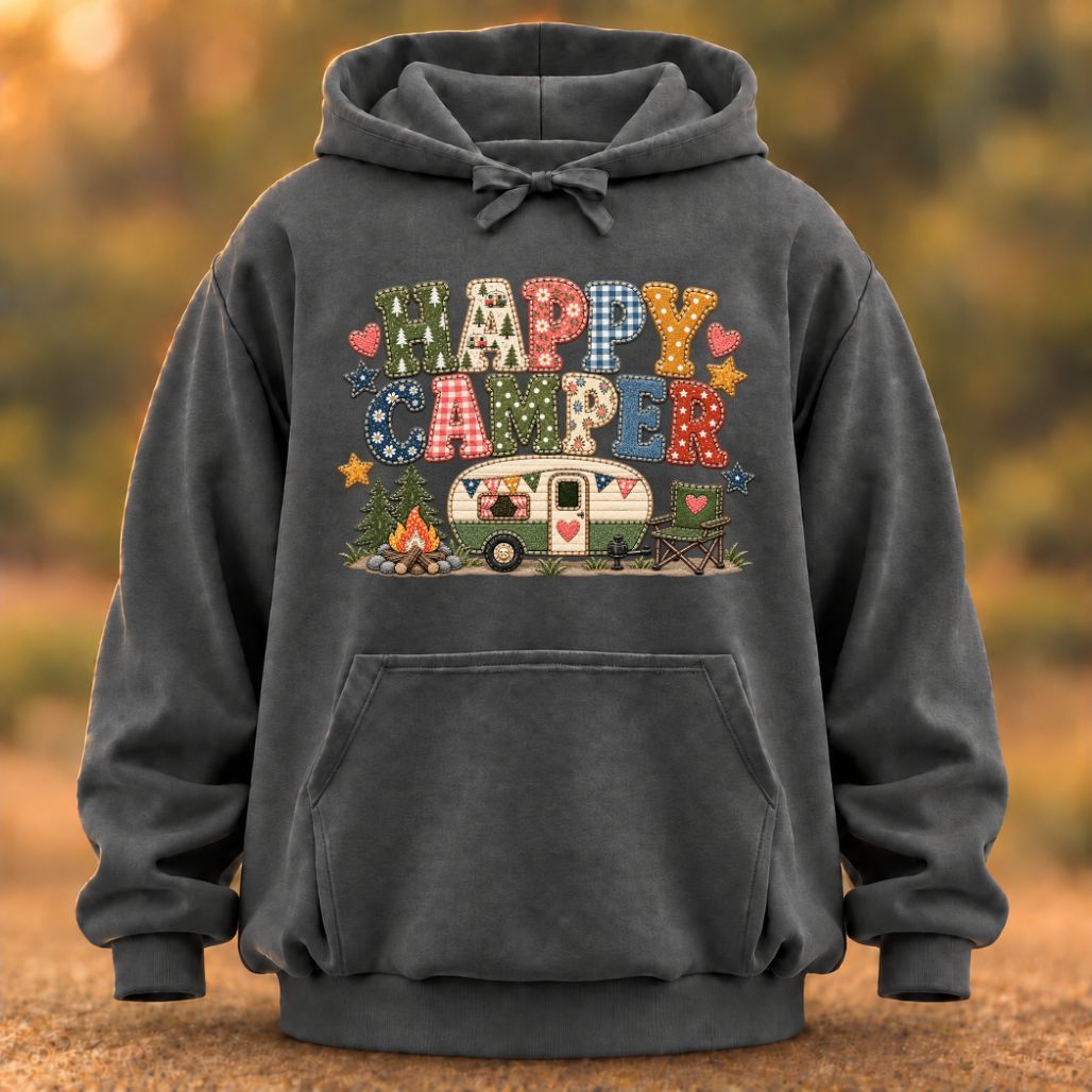 Happy Camper Faux Patchwork Hoodie